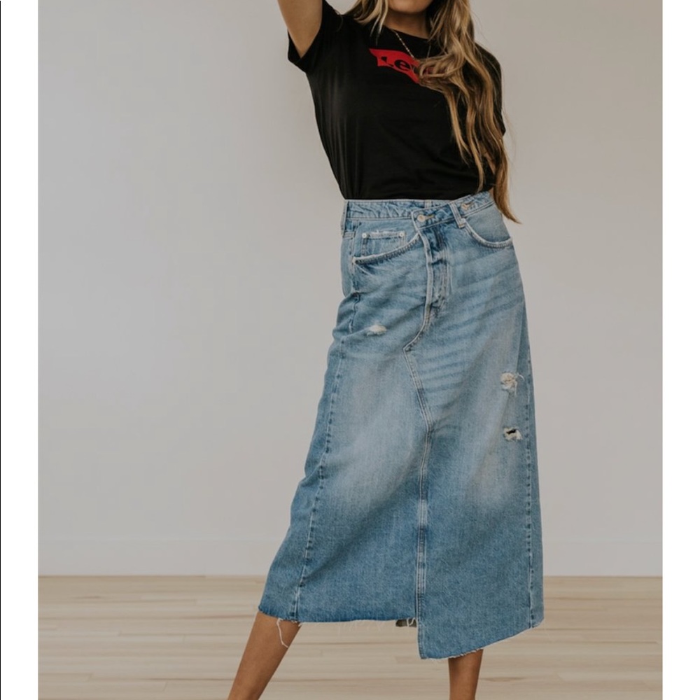 Free People Blue Distressed Midi Skirt